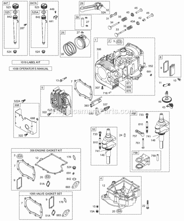 Cylinder Head Sump Crankshaft EngineValve Kits Diagram and Parts List for 284707-1026-E1 Series Briggs and Stratton Engine